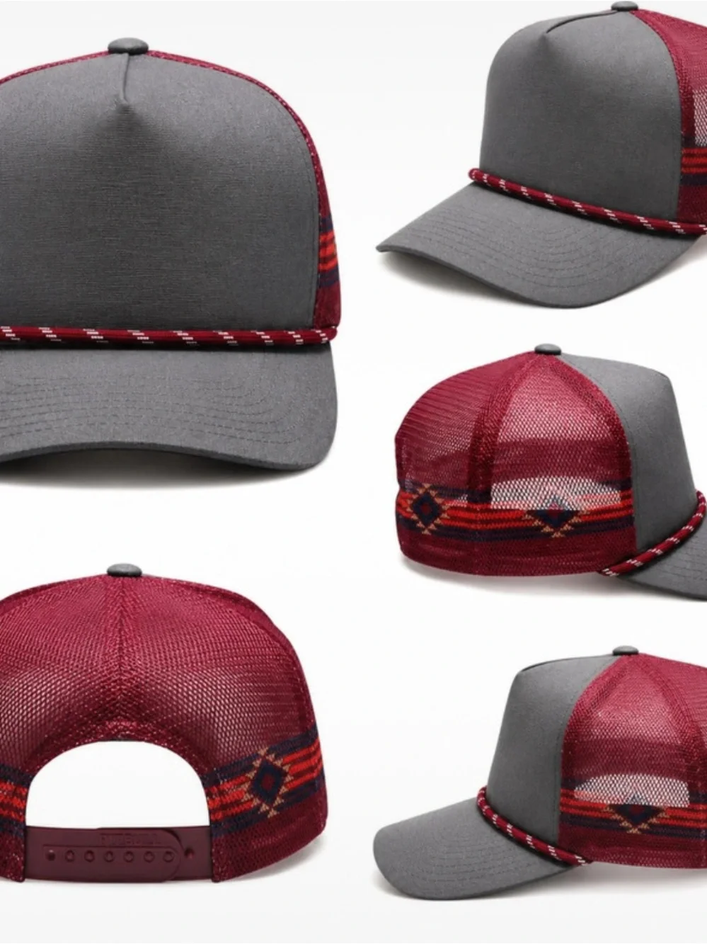 Gray & Burgundy Rope-Detail Trucker Hat
